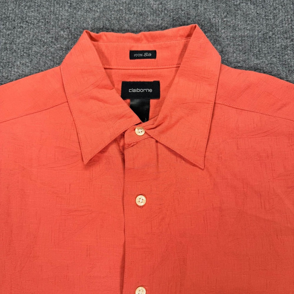 Claiborne Mens L Silk Short Sleeve Button Up Shirt Coral Orange Jacquard #4175